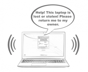 Graphic: A laptop "talking" after the theft alarm has been activated via FrontDoorSoftware