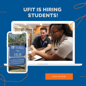 PHOTO with GRAPHIC OVERLAY: Full-time and student worker at the UF Computing Help Desk, 132 Hub