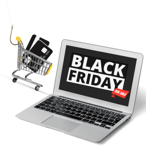 GRAPHIC: Black Friday scam on laptop with a shopping cart and credit cards on a phish hook