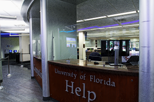 PHOTO: Stylized (silver tech-y overlay) of the UF Computing Help Desk, 132 Hub. University of Florida