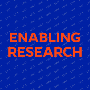 GRAPHIC: Enabling Research. Orange text on blue background. University of Florida.