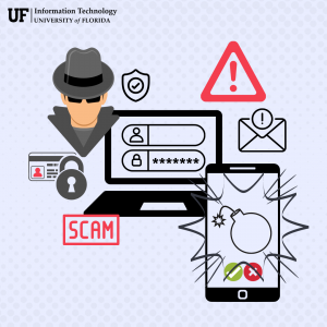GRAPHIC: A combination of phishing and Zoom multi-factor authentication bombing visuals. University of Florida.