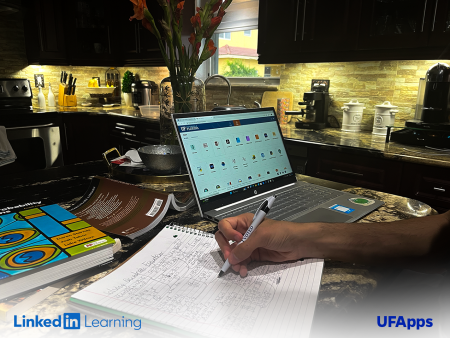 PHOTO: Student working at home in his kitchen, with laptop visible. Image overlay includes the words "LinkedIn Learning" and "UFApps". University of Florida.