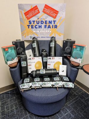PHOTO: All of the prizes for the 2024 Student Tech Fair on display on a chair in the Hub building. University of Florida.