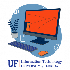 GRAPHIC: A monitor and keyboard with some of the wordmarks for applications that UFIT offers free training for. University of Florida.