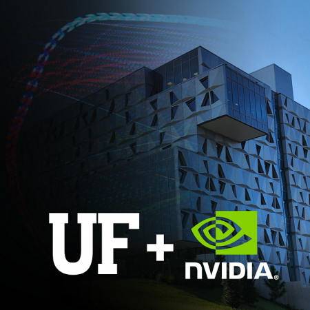 GRAPHIC: Photo of Malachowsky Hall with the UF block monogram and the NVIDIA wordmark as the overlay. University of Florida.