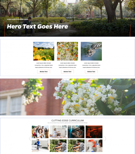 GRAPHIC: Images of showing sections the new UF web template. University of Florida.