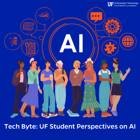 GRAPHIC: A group of diverse, animated students on a blue background. Text says "Tech Byte: UF Student Perspectives on AI." University of Florida.