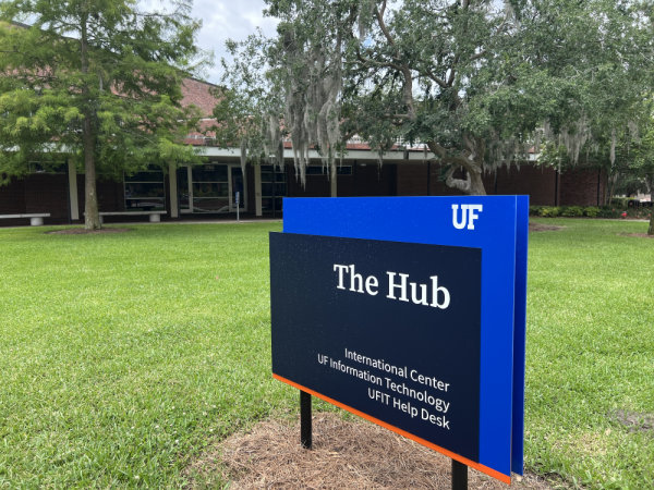 Outdoor signage of the University of Florida's Hub.