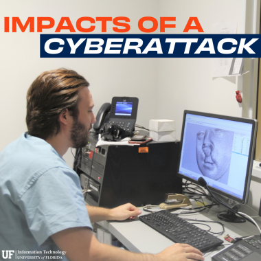 PHOTO: Image of a UF medical school employee at his workstation, looking at brain scan results. Text overlay says, "Impacts of a Cyber Attack." University of Florida.